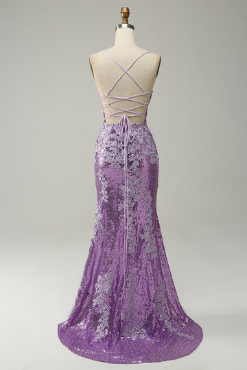 Mermaid Spaghetti Straps Purple Long Ball Dress with Appliques
